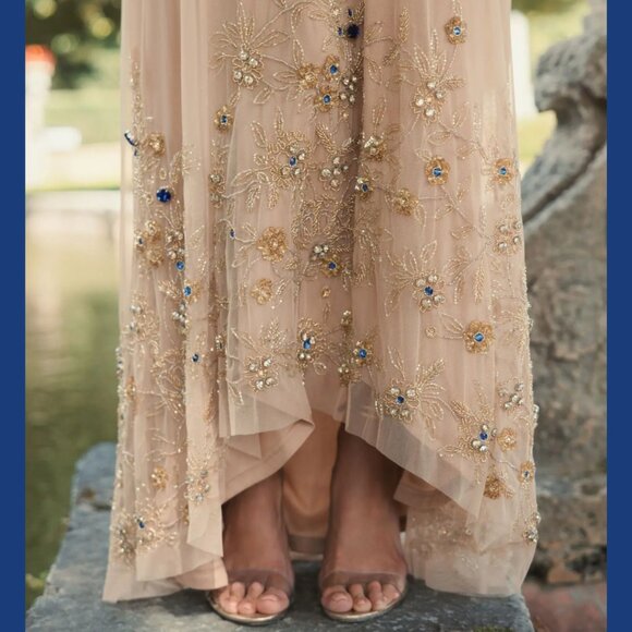 Mac Duggal 9232 Size 10 Nude Gold Floral Jeweled Long Evening Gown Maxi Dress - Picture 2 of 6